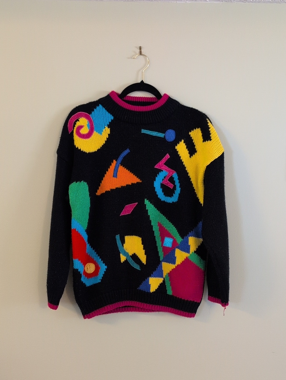 Black Multicolor Abstract Crewneck Sweater with Pink Trim